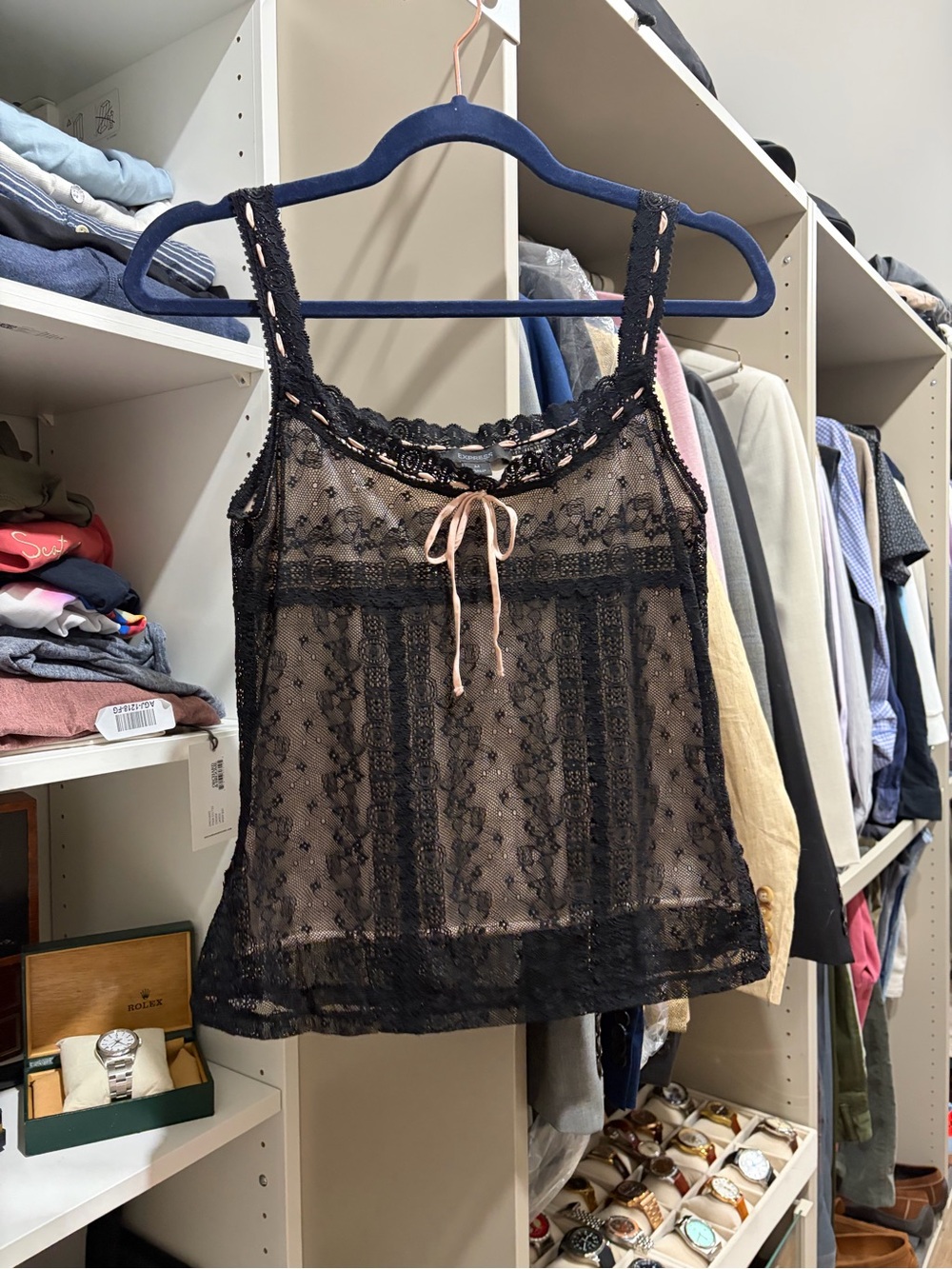 Express Black Lace Camisole with Blush Ribbon Detail